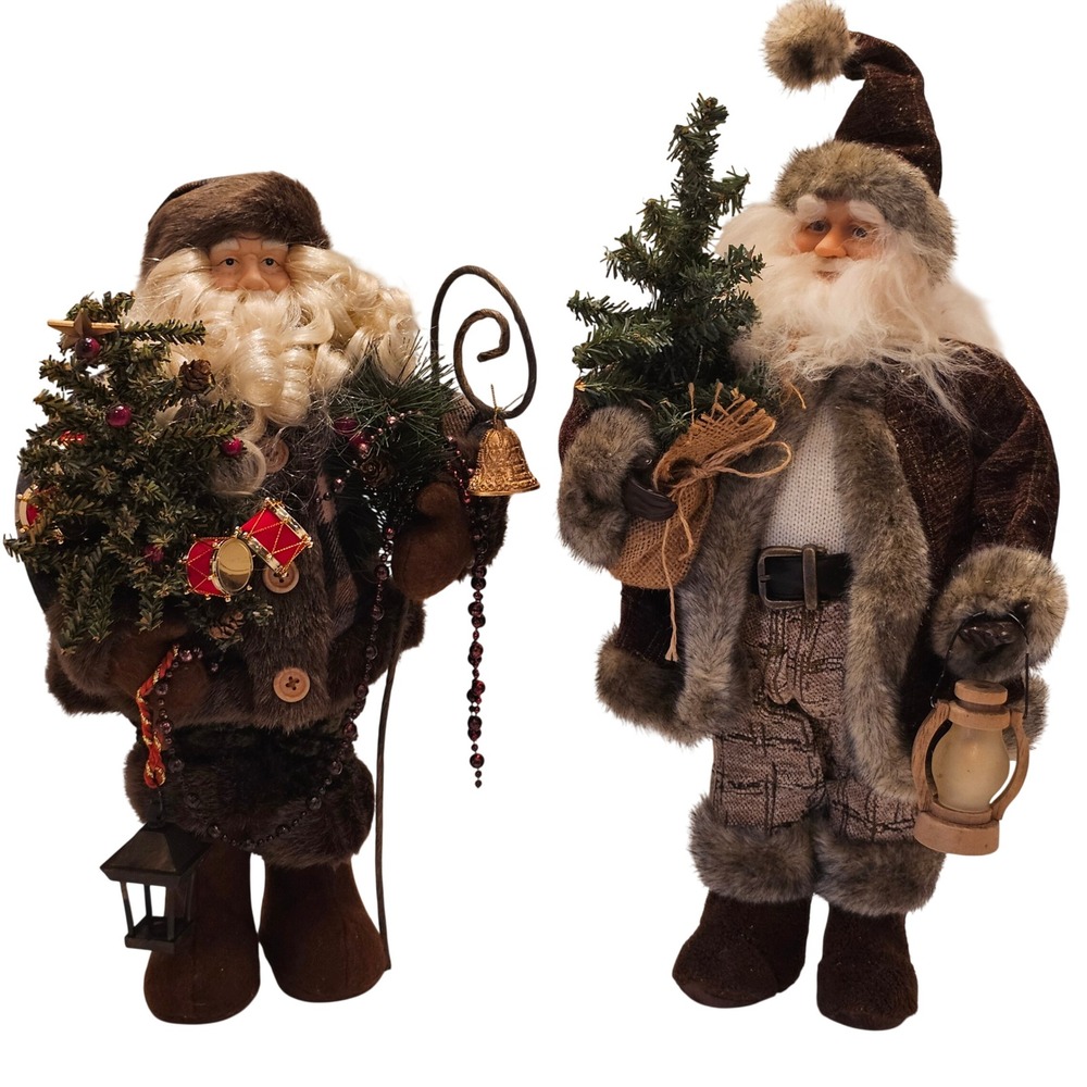 Rustic Old World Santa Claus Figurine Set 18 Inch Brown Plaid Faux Fur 2pc